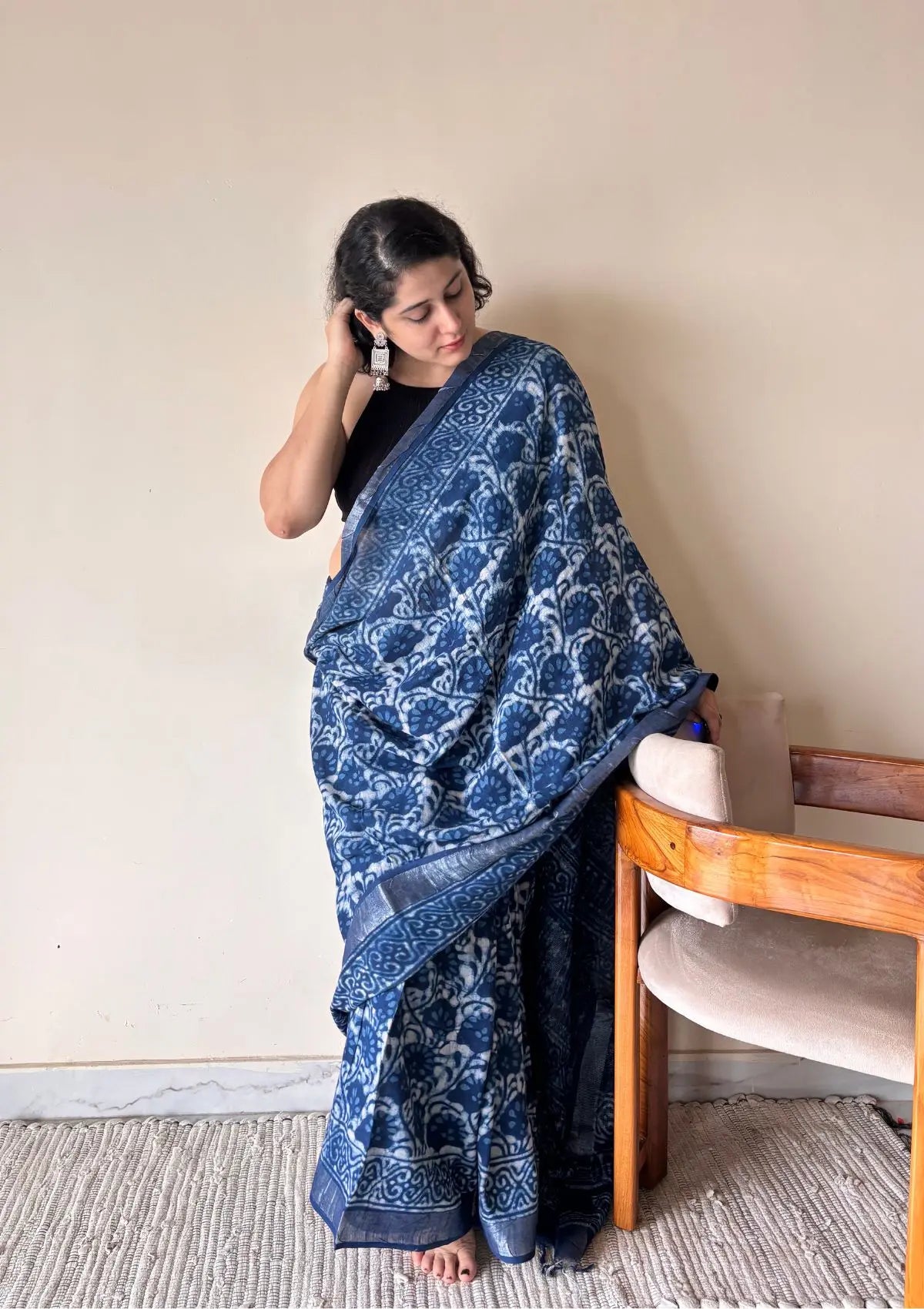 Varuni Indigo Linen Cotton Bagru Handblock Printed Saree | Blue