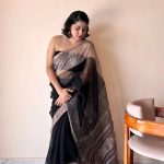 Jamini Kota Doria Cotton Silk Handblock Printed Saree | Black