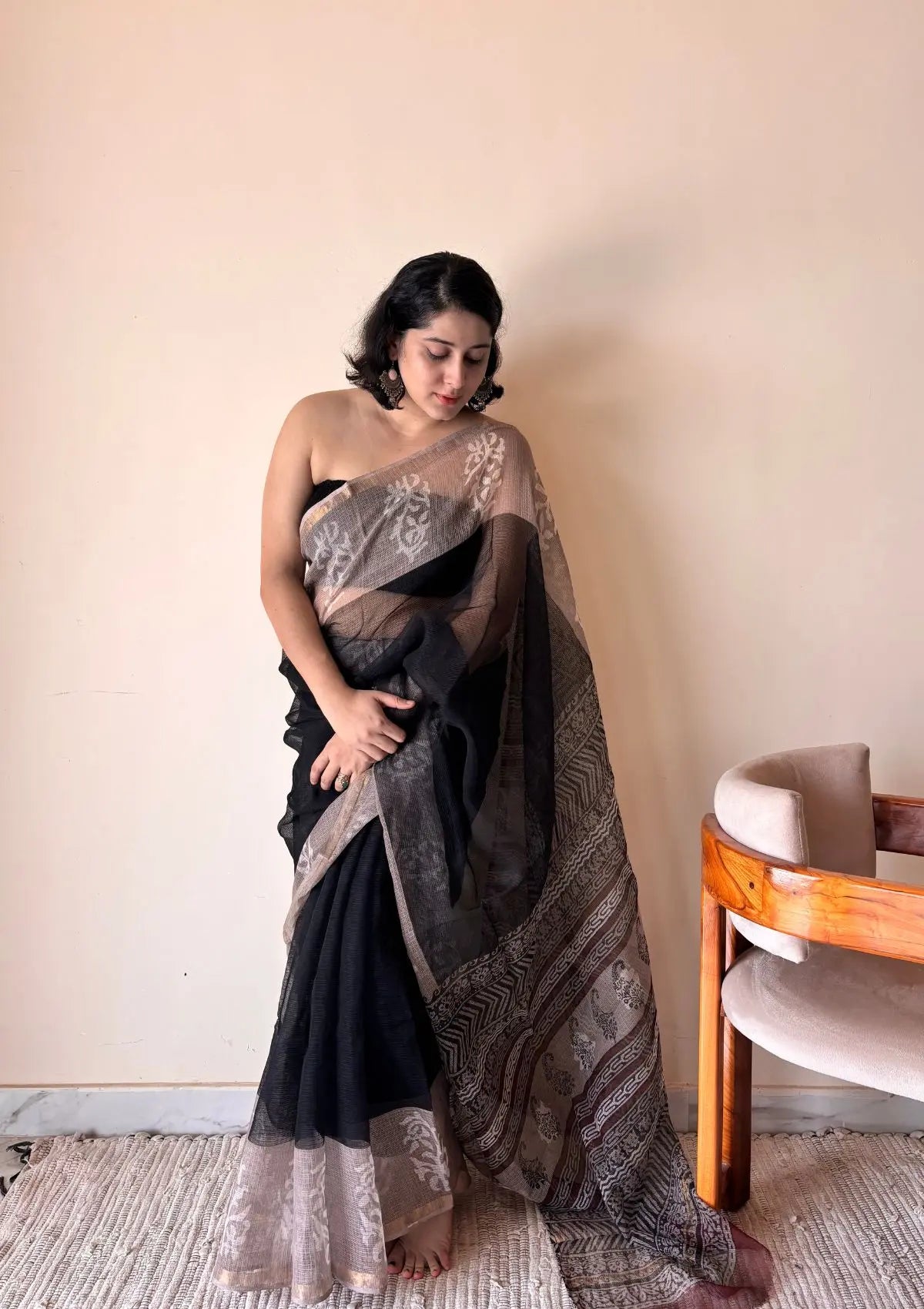 Jamini Kota Doria Cotton Silk Handblock Printed Saree | Black