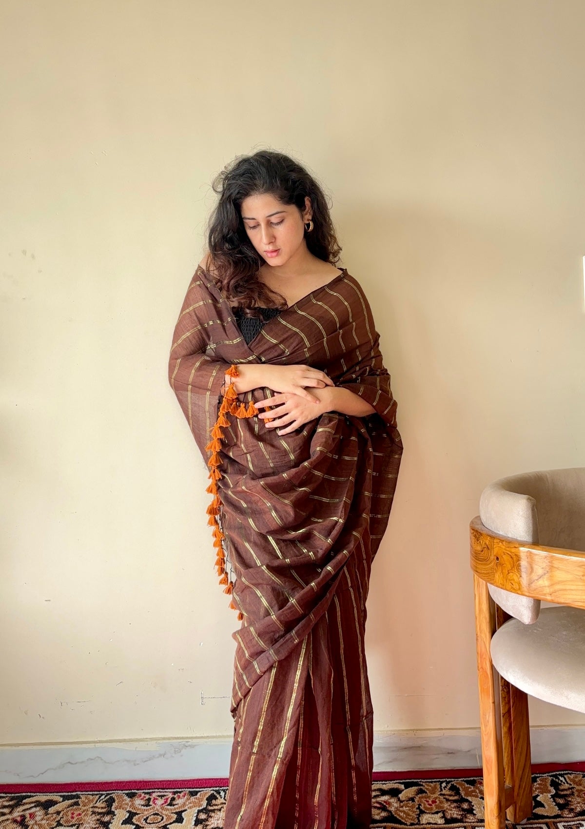Vedika Chocolate Brown Mulmul Cotton Saree