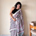 Bahaar Linen Cotton Bagru Handblock Printed Saree | Pink White