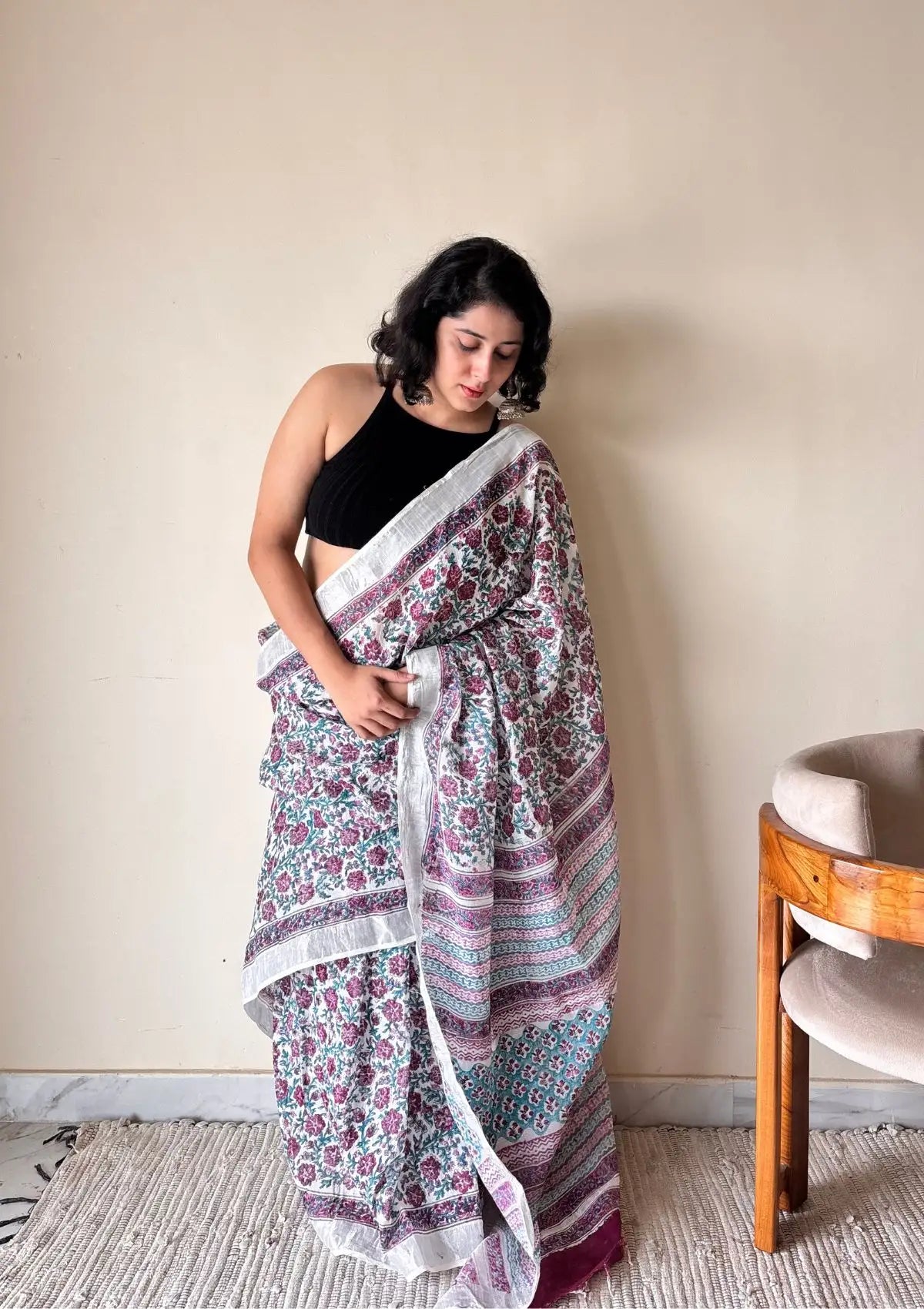 Bahaar Linen Cotton Bagru Handblock Printed Saree | Pink White