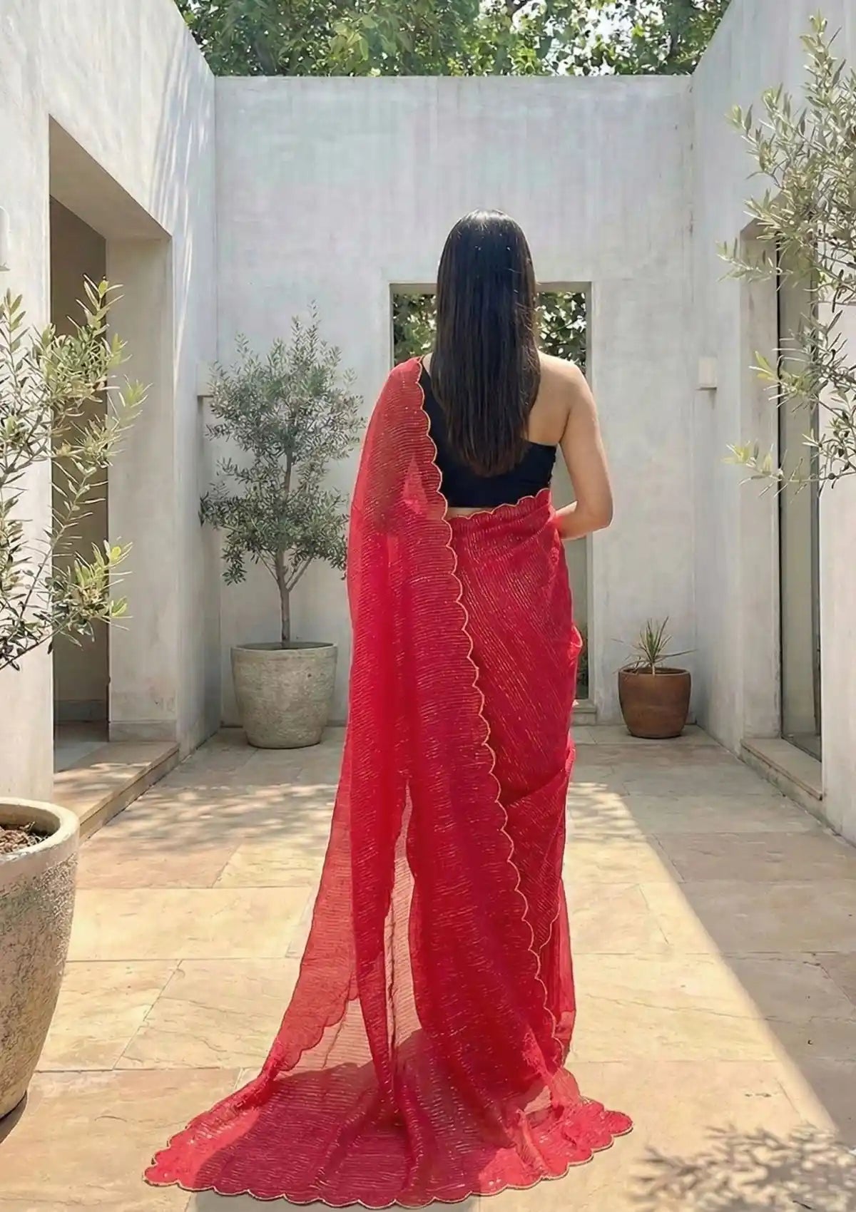 Aria Red Soft Mulmul Cotton Saree with Gold Stripes