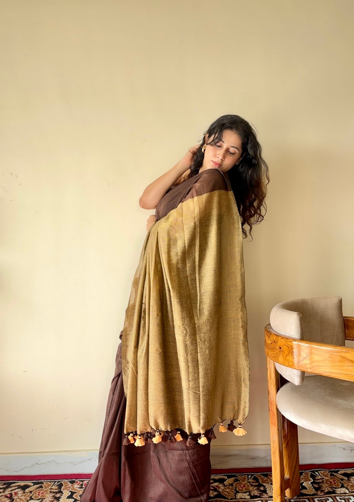 Yogini Brown and Beige Pure Cotton Saree with Tassels