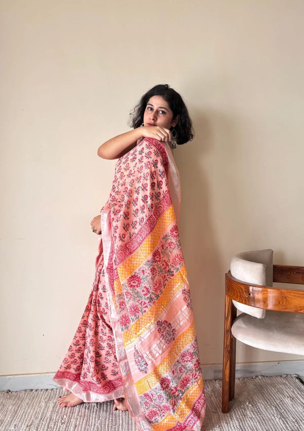 Kasturi Linen Cotton Bagru Handblock Printed Saree | Peach
