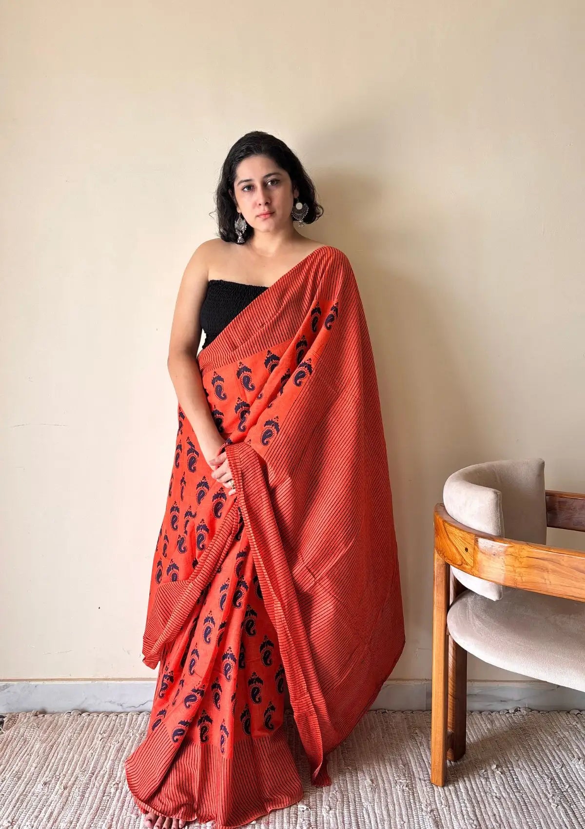 Gulmohar Cotton Bagru Handblock Printed Saree | Red, Black