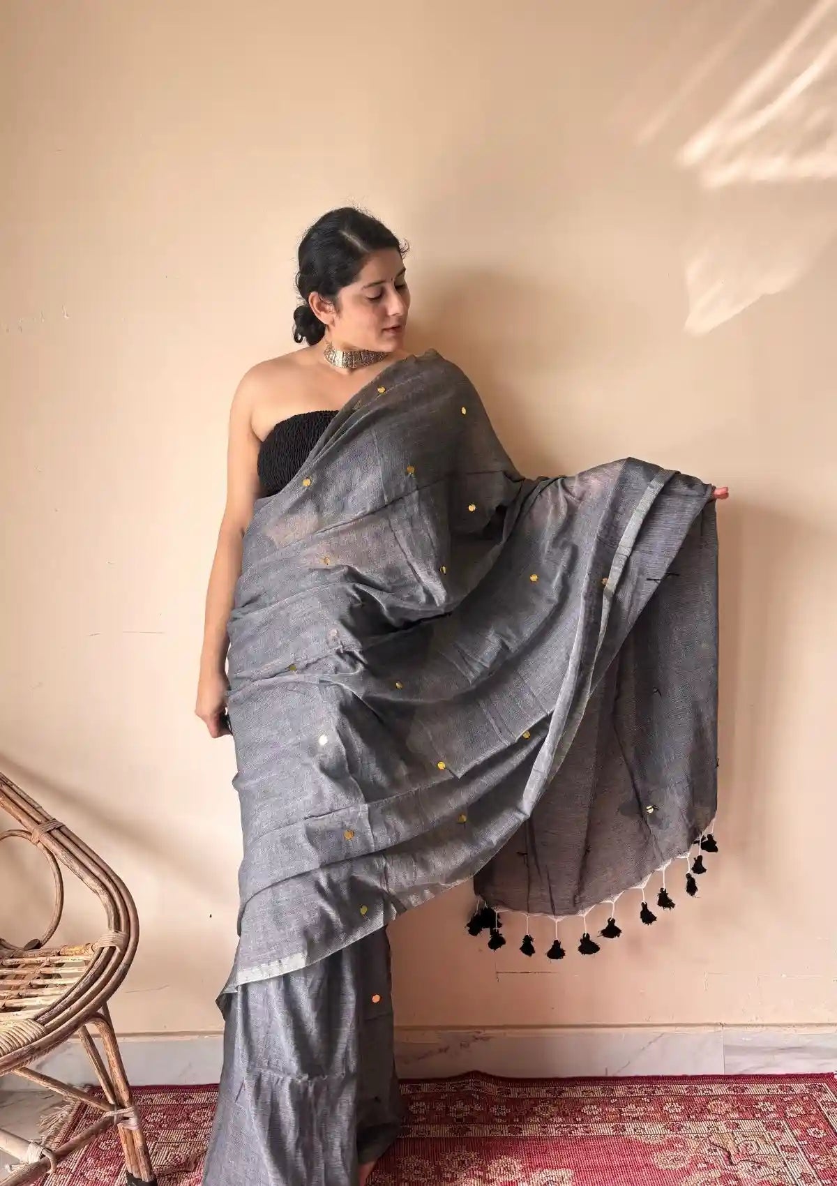 Vrishti | Charcoal Grey Handloom Cotton Saree with Sequin Details