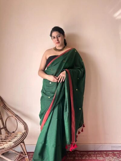 Vanya | Forest Green Handloom Cotton Saree with Sequin Accents