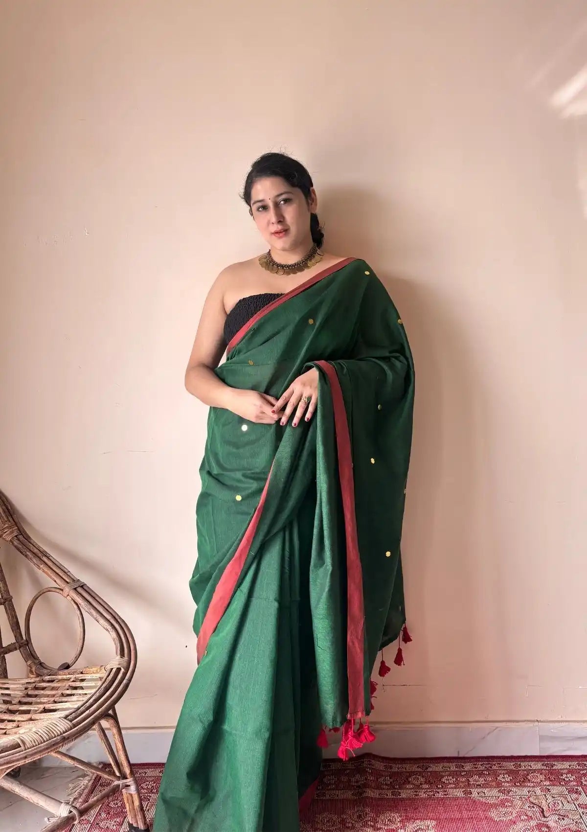 Vanya | Forest Green Handloom Cotton Saree with Sequin Accents