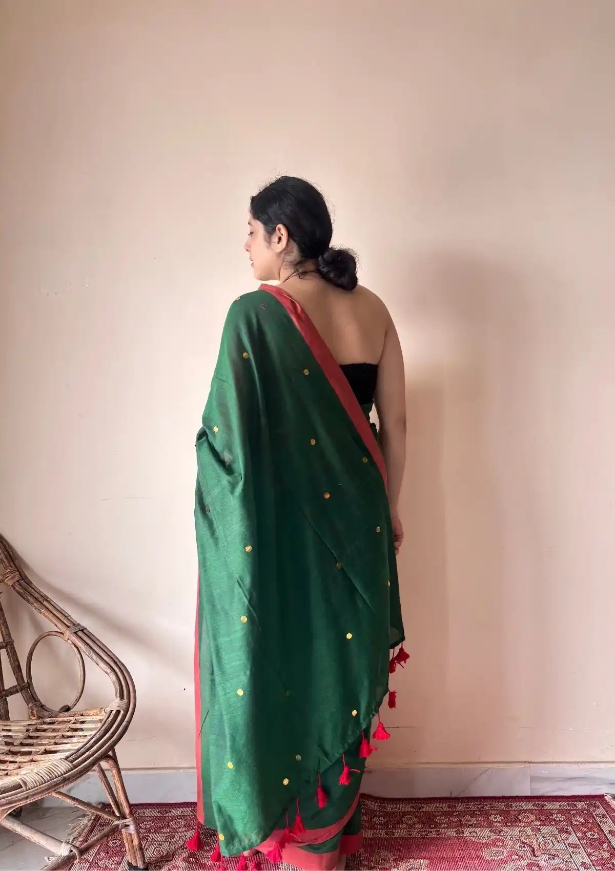Vanya | Forest Green Handloom Cotton Saree with Sequin Accents