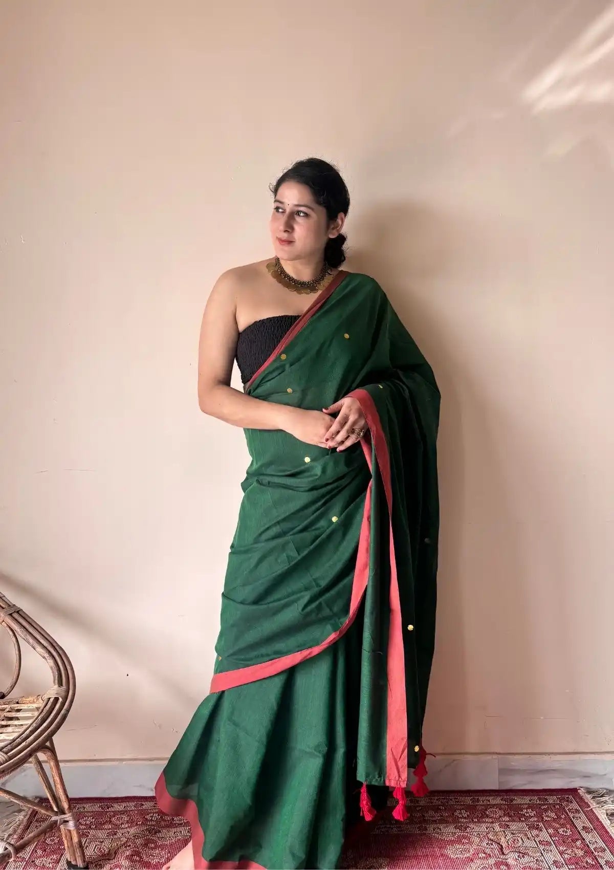 Vanya | Forest Green Handloom Cotton Saree with Sequin Accents