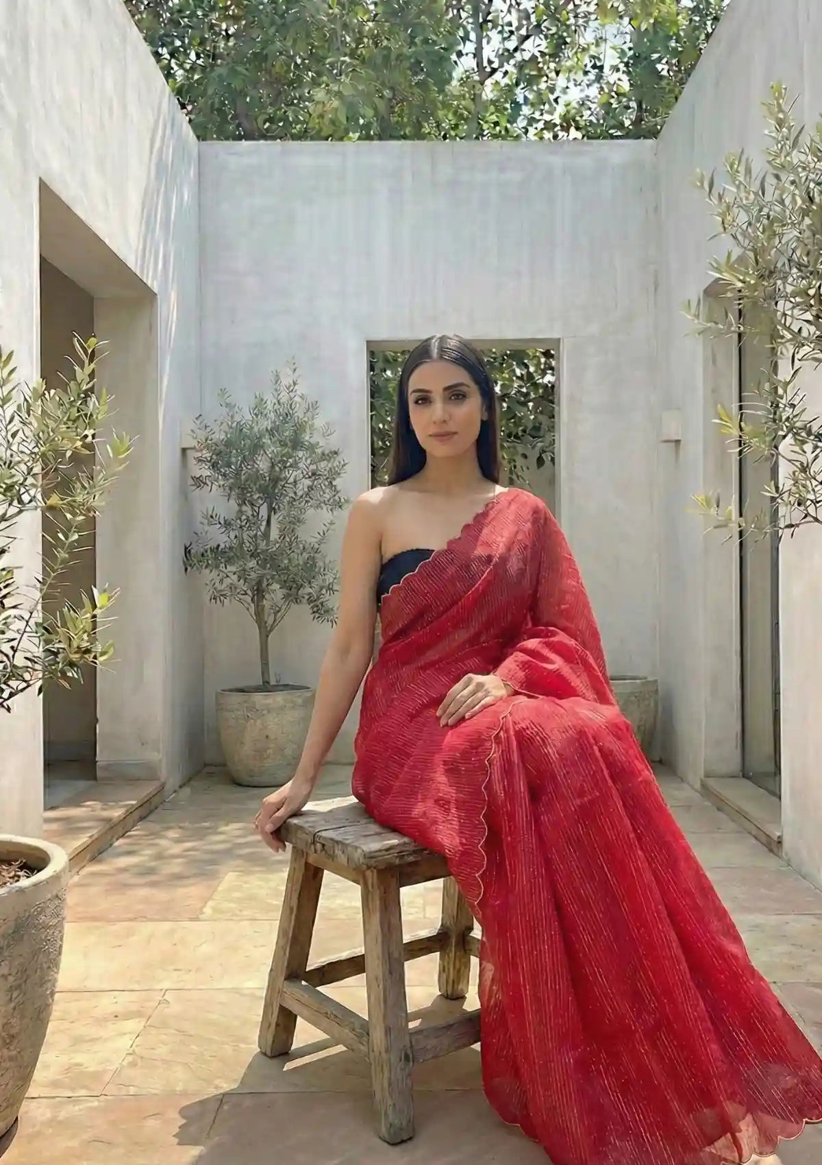 Aria Red Soft Mulmul Cotton Saree with Gold Stripes