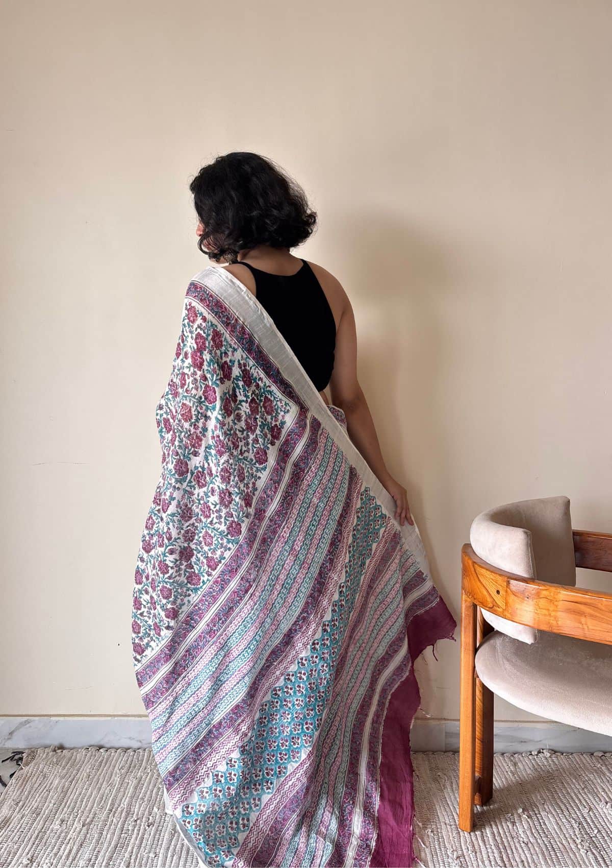 Bahaar Linen Cotton Bagru Handblock Printed Saree | Pink White
