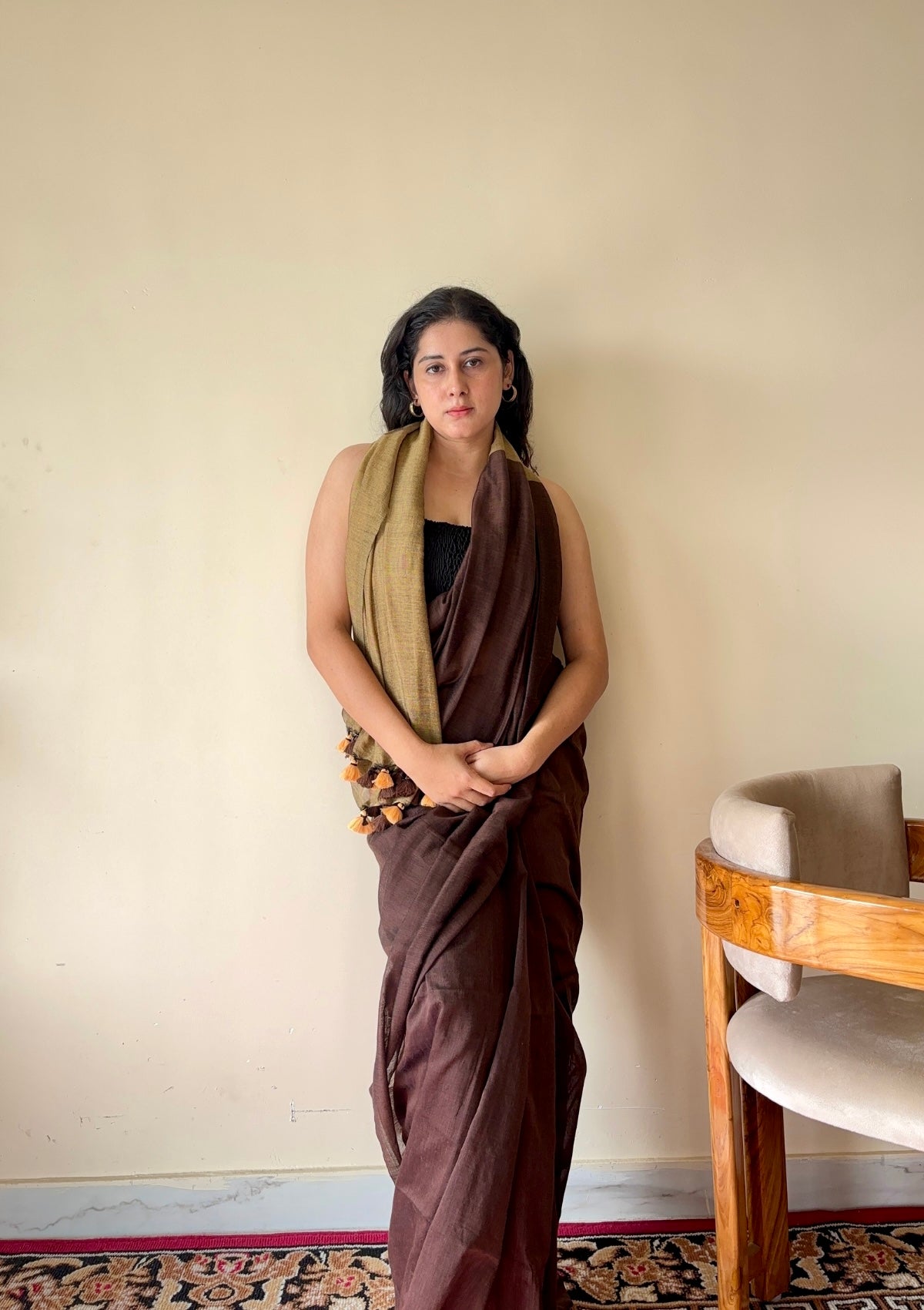 Yogini Brown and Beige Pure Cotton Saree with Tassels