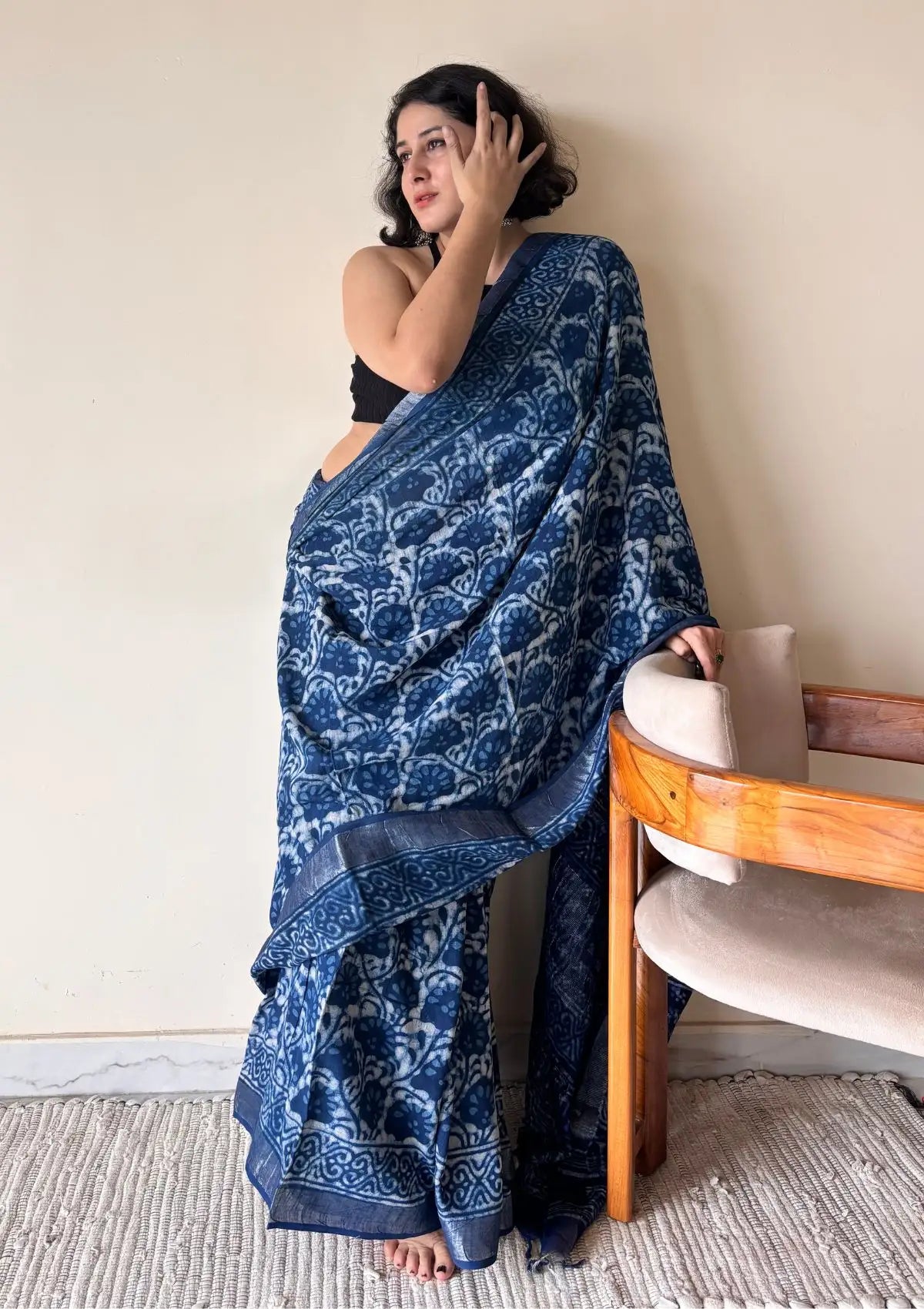 Varuni Indigo Linen Cotton Bagru Handblock Printed Saree | Blue