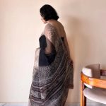 Jamini Kota Doria Cotton Silk Handblock Printed Saree | Black