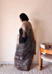 Jamini Kota Doria Cotton Silk Handblock Printed Saree | Black