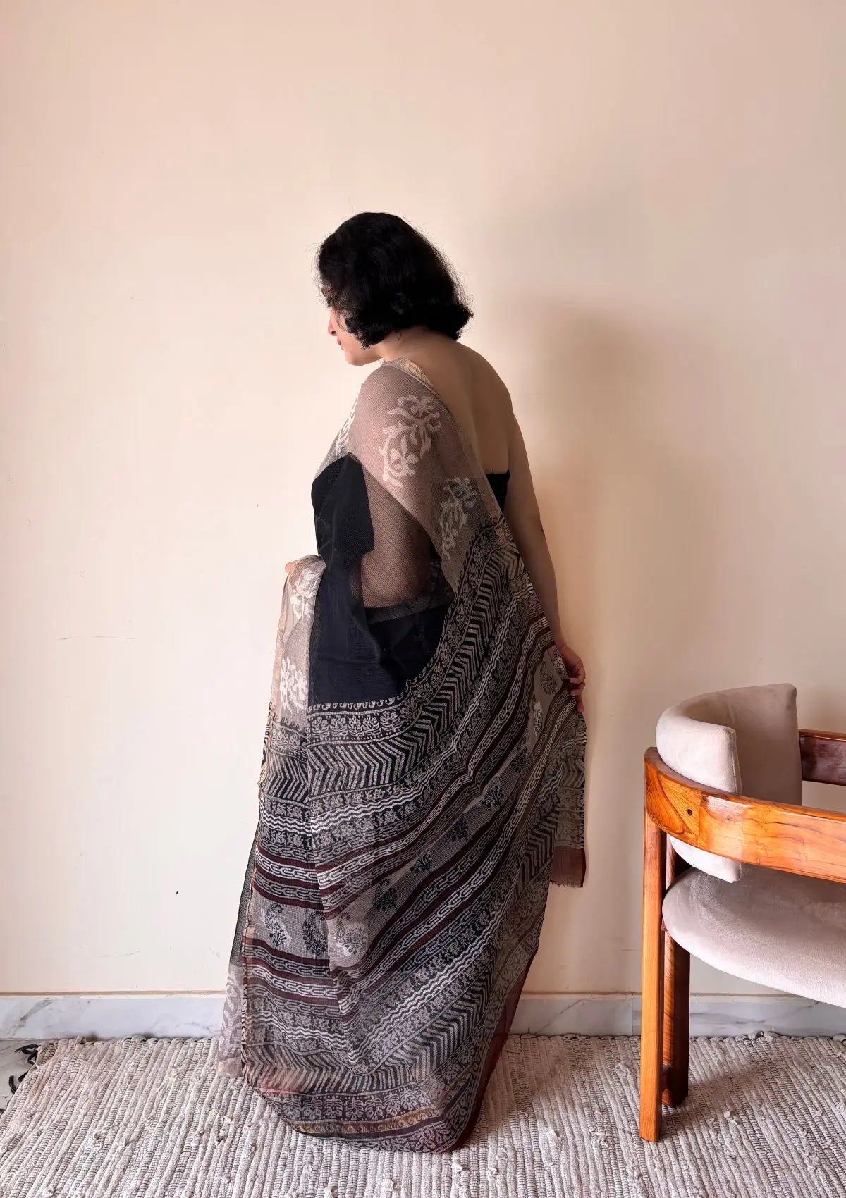 Jamini Kota Doria Cotton Silk Handblock Printed Saree | Black