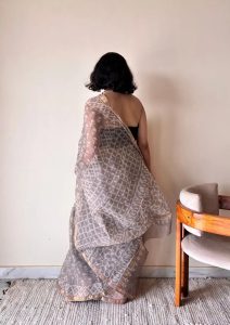 Meghna Kota Doria Cotton Silk Handblock Saree | Brown Grey
