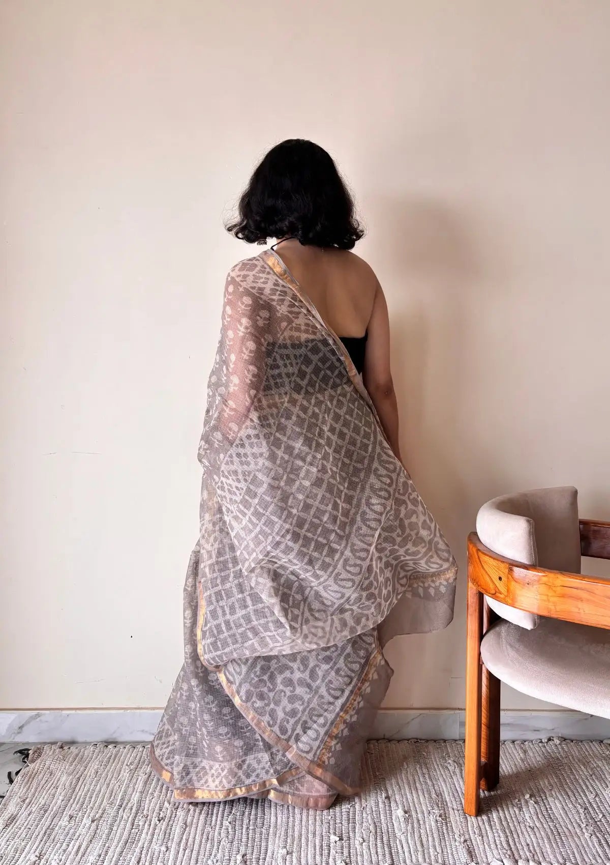 Meghna Kota Doria Cotton Silk Handblock Saree | Brown Grey