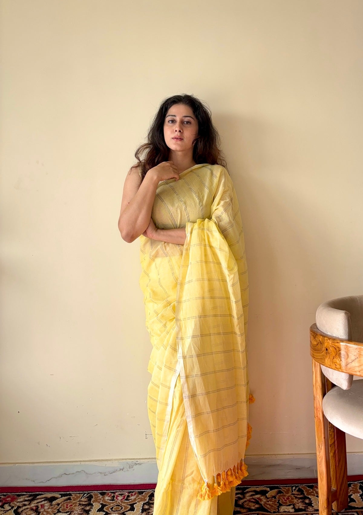 Harini Yellow Mulmul Cotton Gold Zari Striped Saree