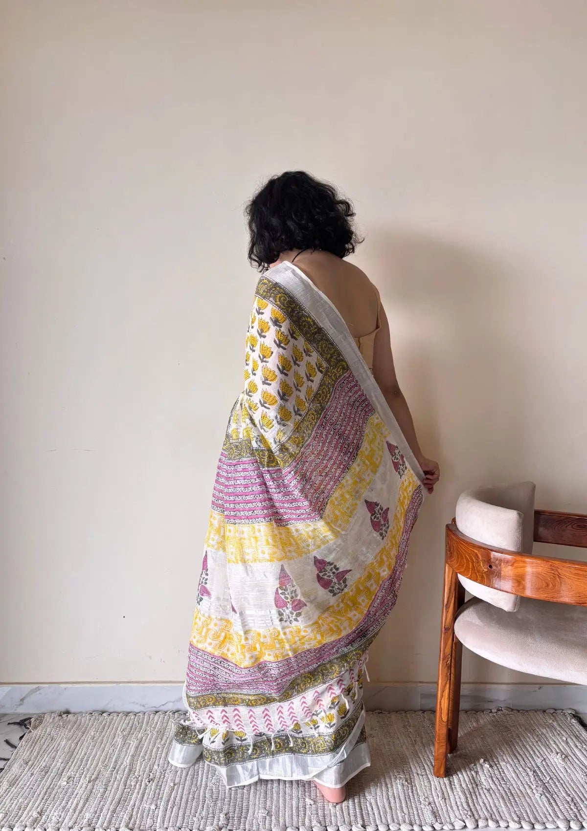 Basanti Linen Cotton Bagru Handblock Printed Saree | Yellow White