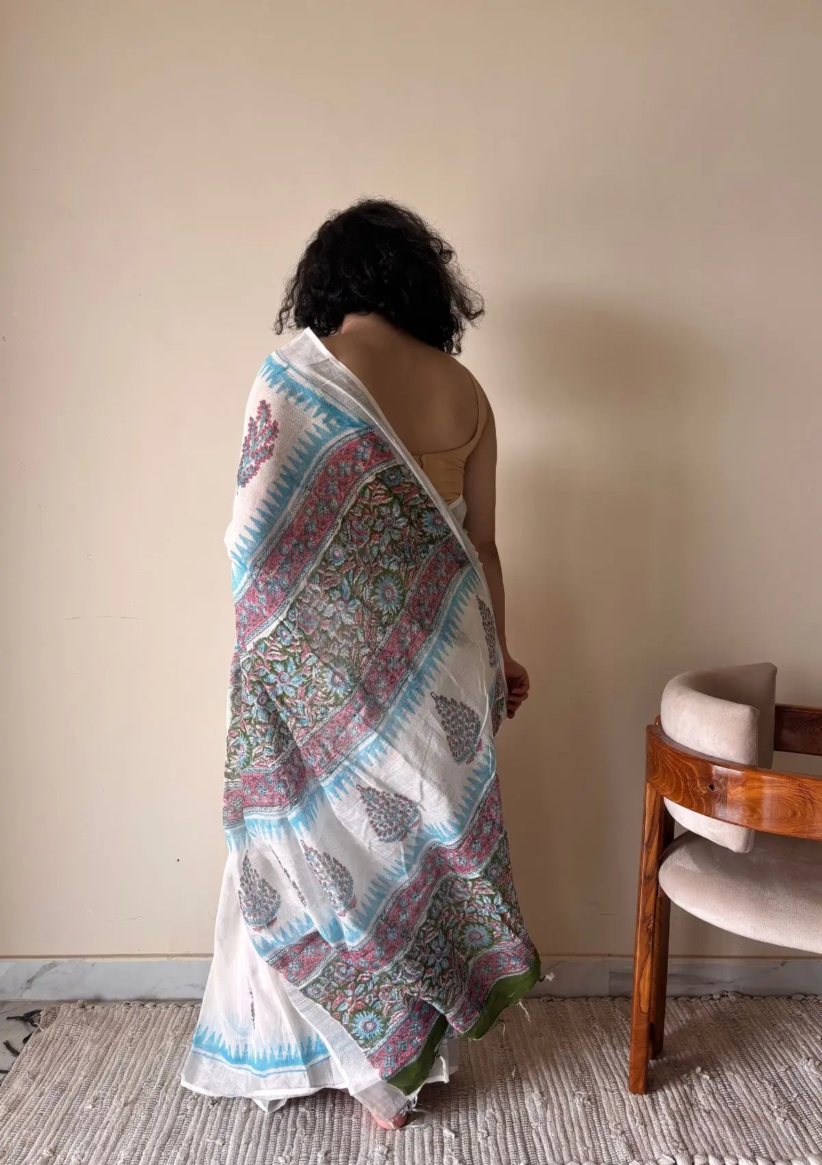 Hansini Linen Cotton Bagru Handblock Printed Saree | White Blue