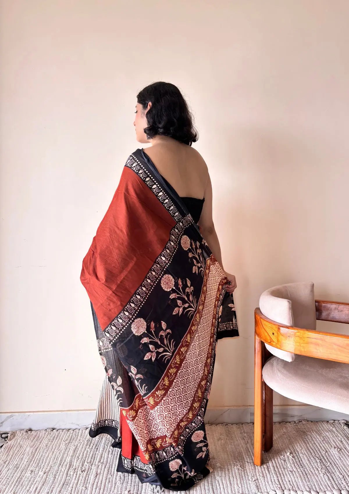 Leela Cotton Bagru Handblock Printed Saree | Red Black