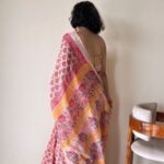 Kasturi Linen Cotton Bagru Handblock Printed Saree | Peach