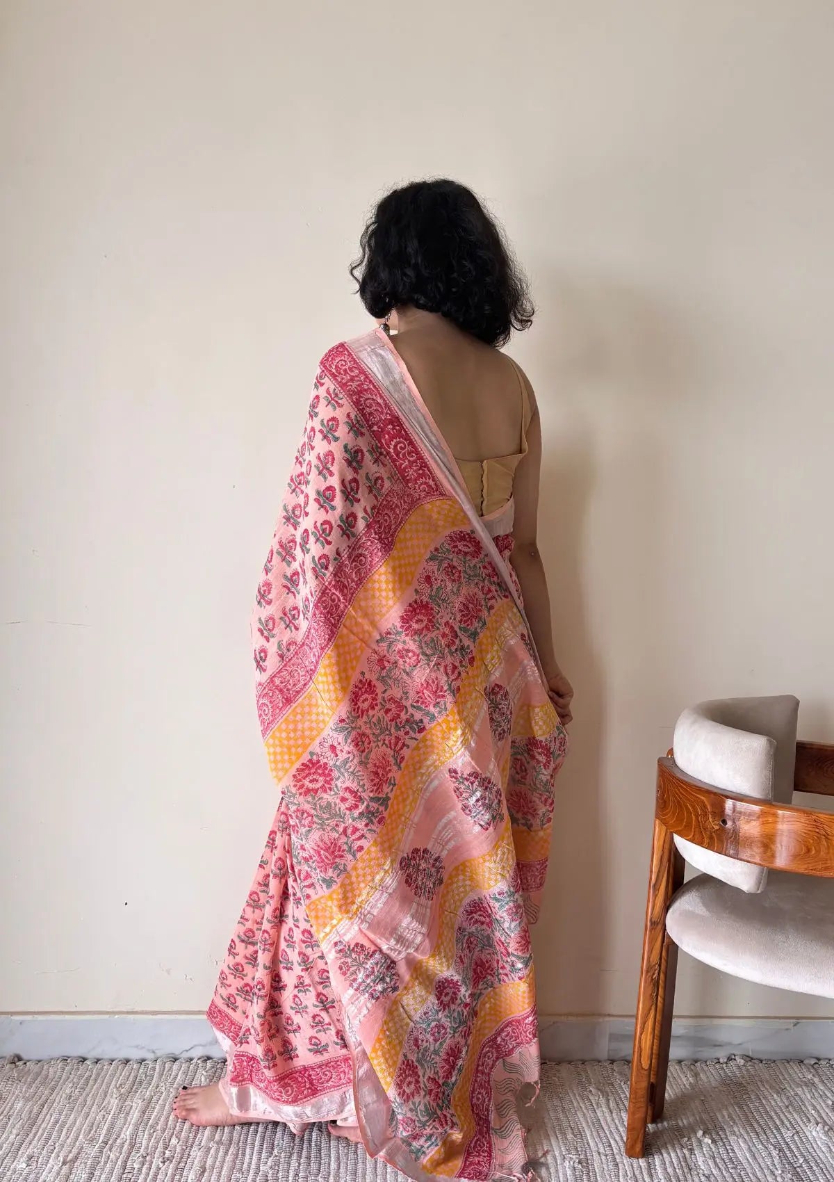 Kasturi Linen Cotton Bagru Handblock Printed Saree | Peach