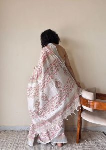 Manjiri Linen Cotton Bagru Handblock Printed Saree | White Pink