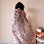 Bela Linen Cotton Bagru Handblock Printed Saree | White Pink