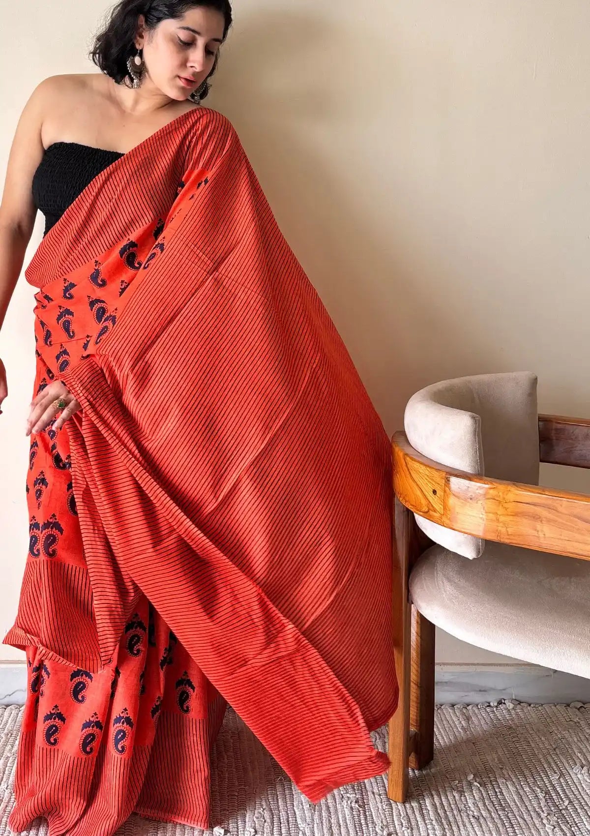 Gulmohar Cotton Bagru Handblock Printed Saree | Red, Black