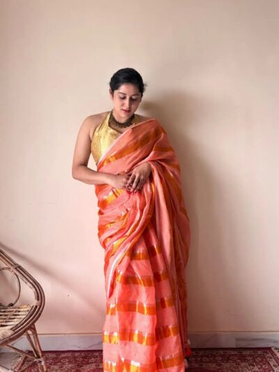 Suhana | Peach Coral Handloom Cotton Saree with Zari Stripes