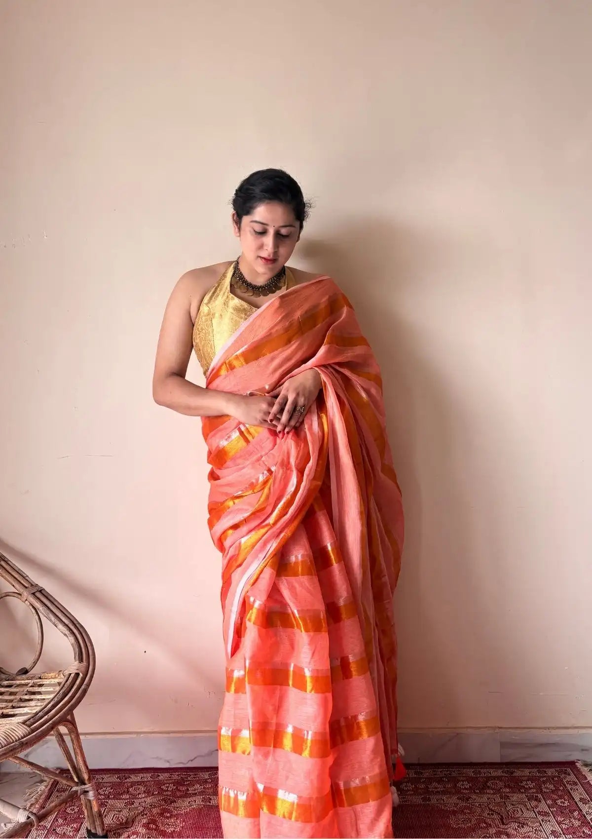 Suhana | Peach Coral Handloom Cotton Saree with Zari Stripes
