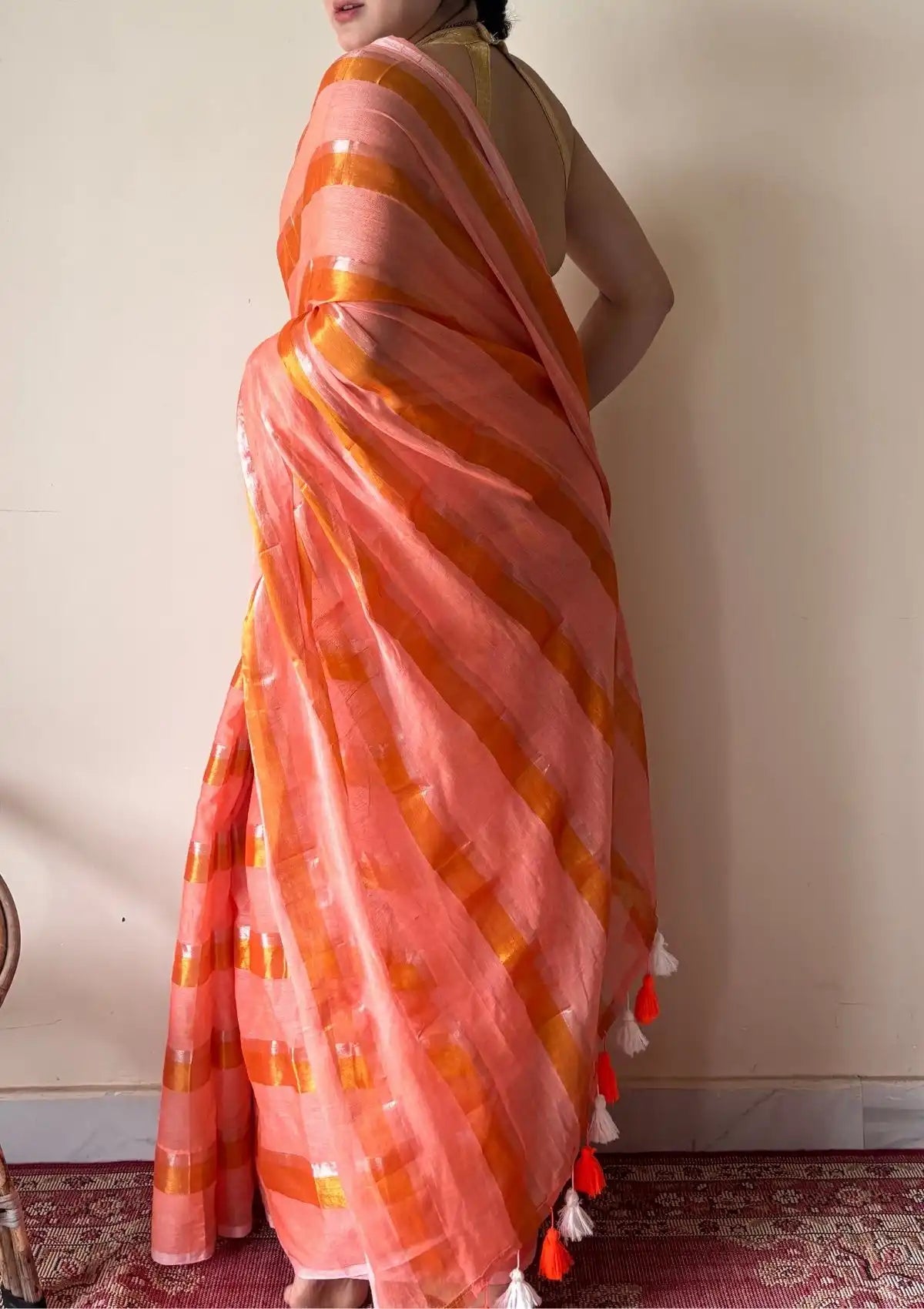 Suhana | Peach Coral Handloom Cotton Saree with Zari Stripes