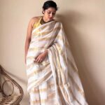 Gauri | Ivory White Gold Handloom Cotton Saree with Zari Stripes