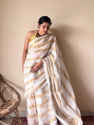 Gauri | Ivory White Gold Handloom Cotton Saree with Zari Stripes