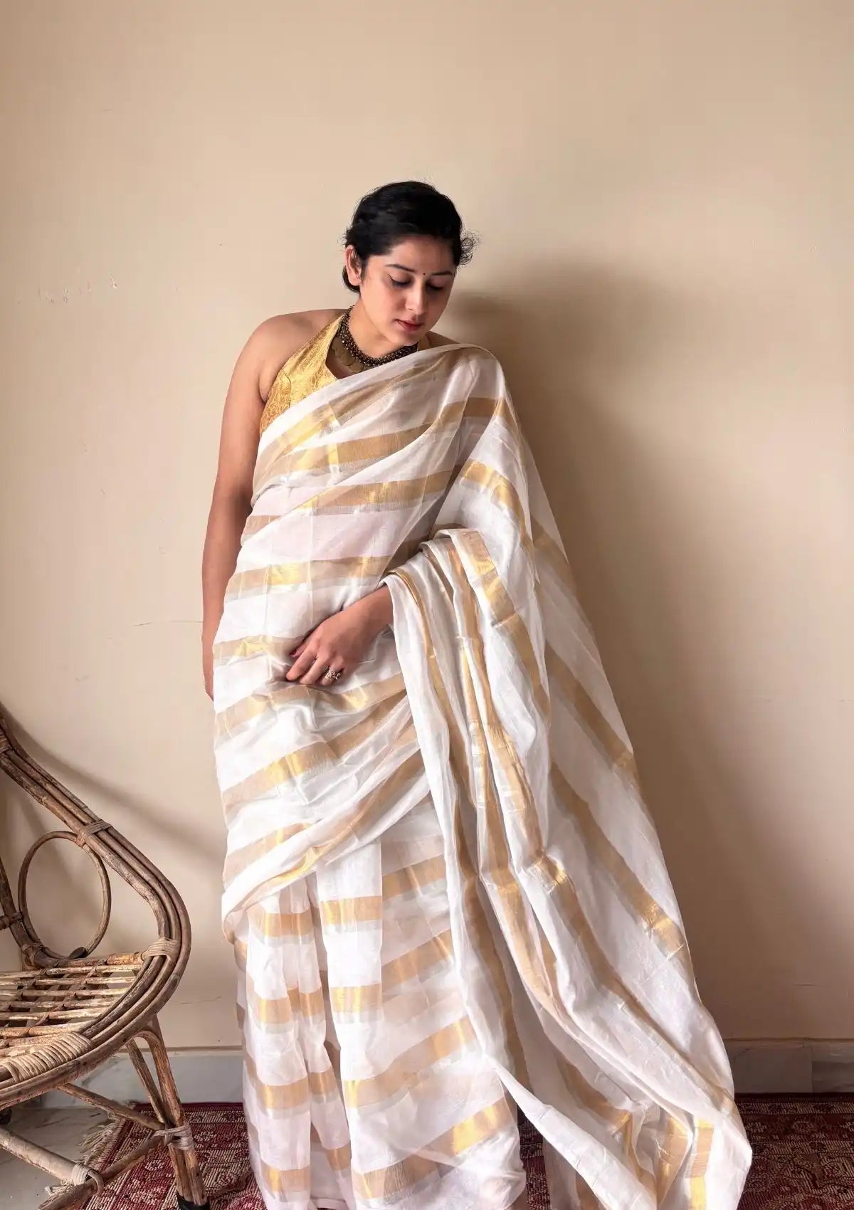 Gauri | Ivory White Gold Handloom Cotton Saree with Zari Stripes