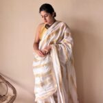 Gauri | Ivory White Gold Handloom Cotton Saree with Zari Stripes