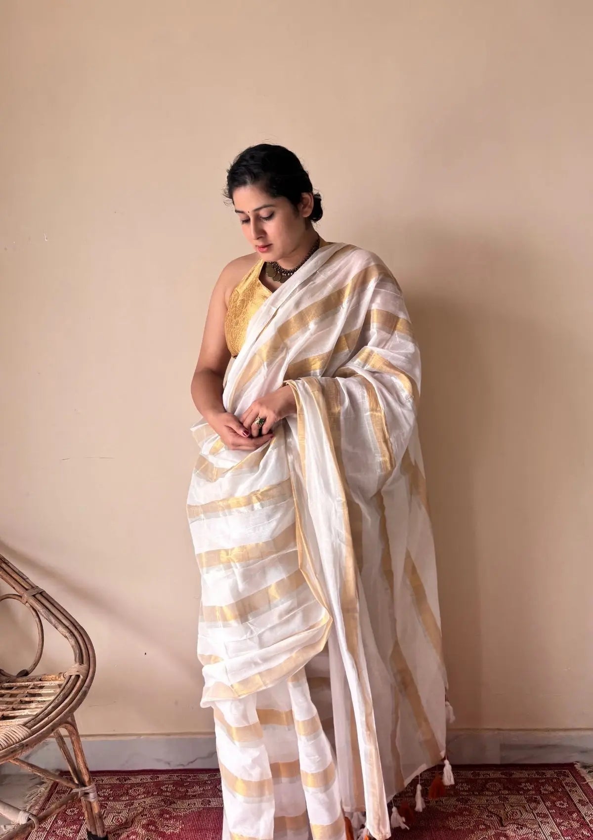 Gauri | Ivory White Gold Handloom Cotton Saree with Zari Stripes