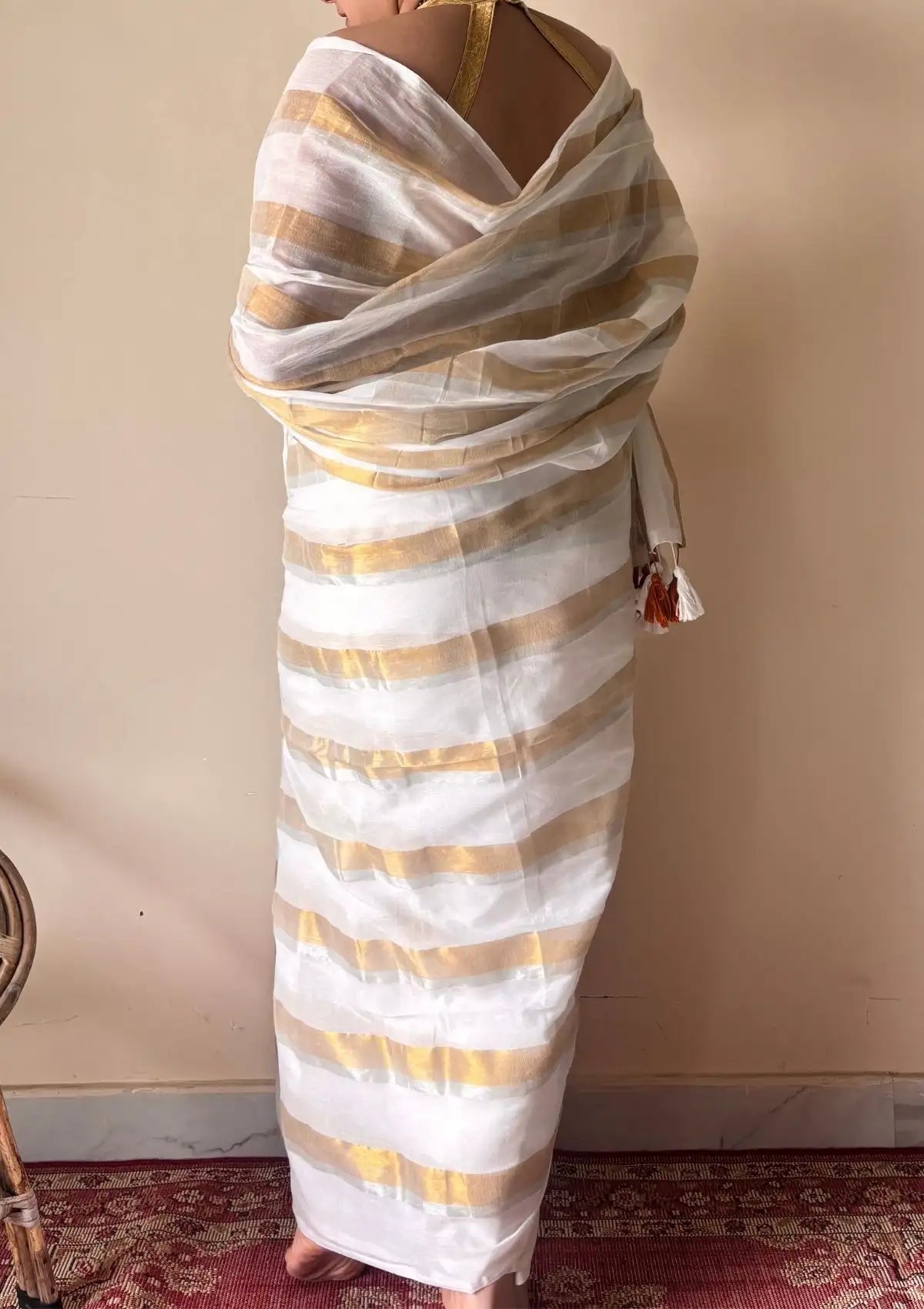 Gauri | Ivory White Gold Handloom Cotton Saree with Zari Stripes