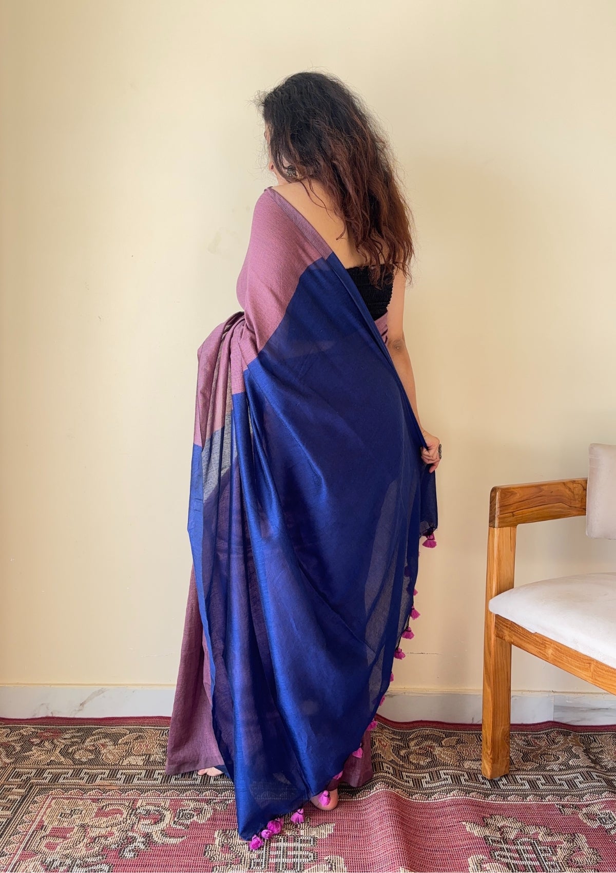 Chitrangada Jamuni with Blue Pallu Mul Cotton Saree