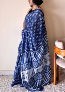 Nilambari Indigo Cotton Bagru Handblock Printed Saree | Blue