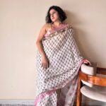 Bela Linen Cotton Bagru Handblock Printed Saree | White Pink