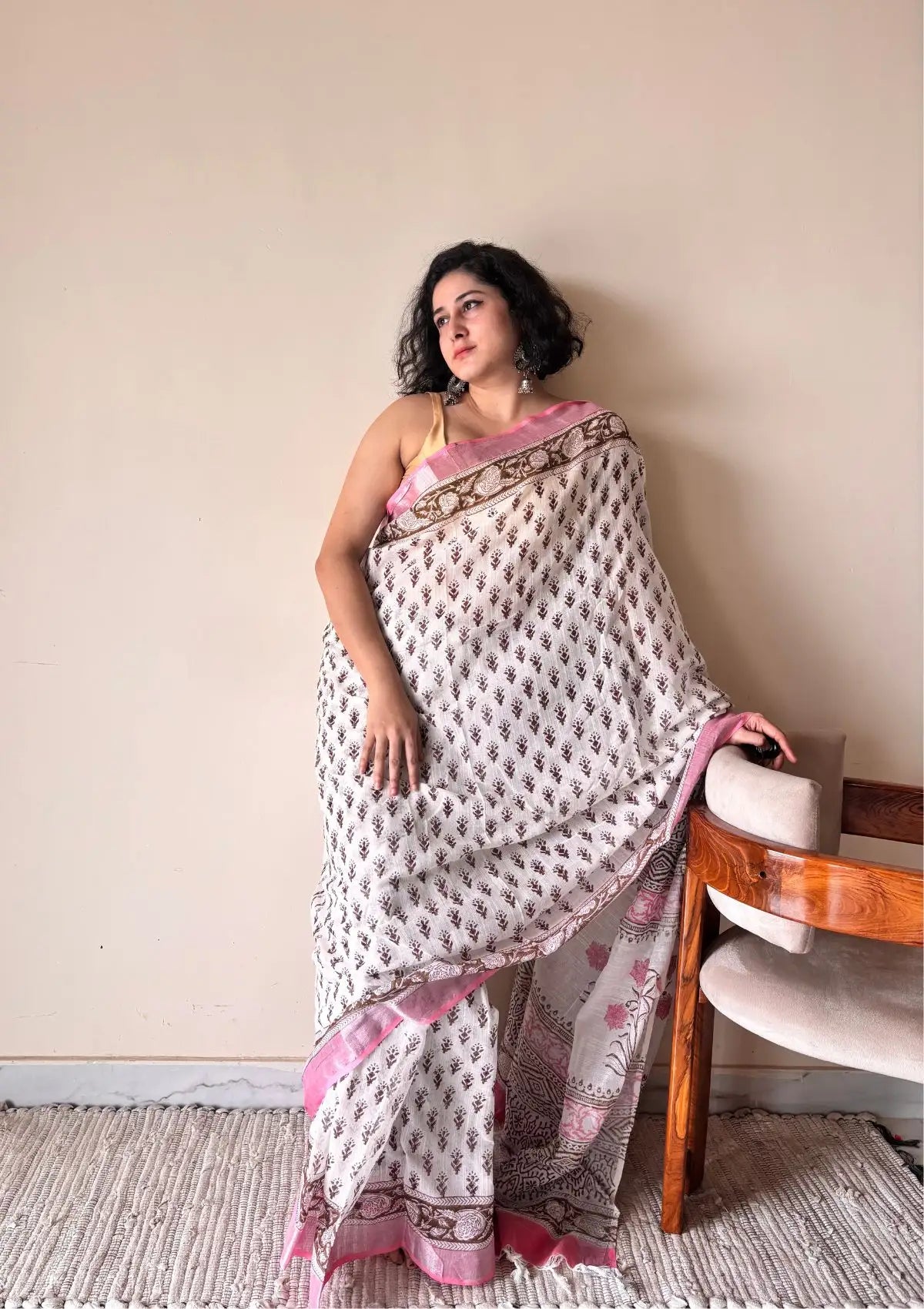 Bela Linen Cotton Bagru Handblock Printed Saree | White Pink