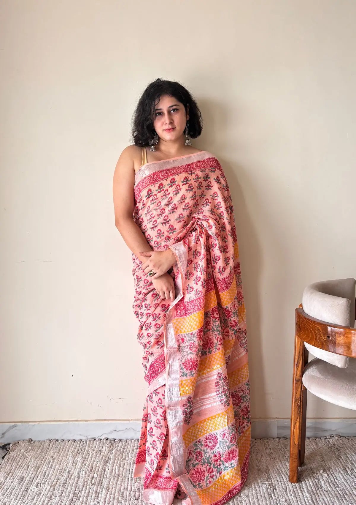 Kasturi Linen Cotton Bagru Handblock Printed Saree | Peach