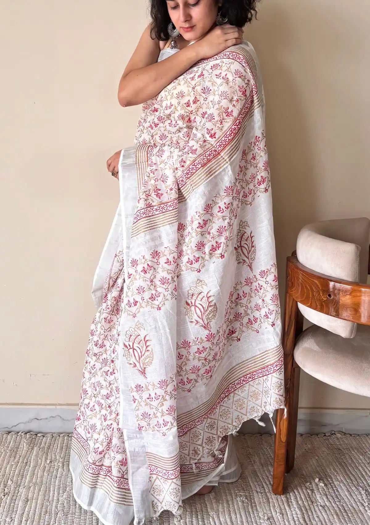 Manjiri Linen Cotton Bagru Handblock Printed Saree | White Pink