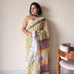 Basanti Linen Cotton Bagru Handblock Printed Saree | Yellow White