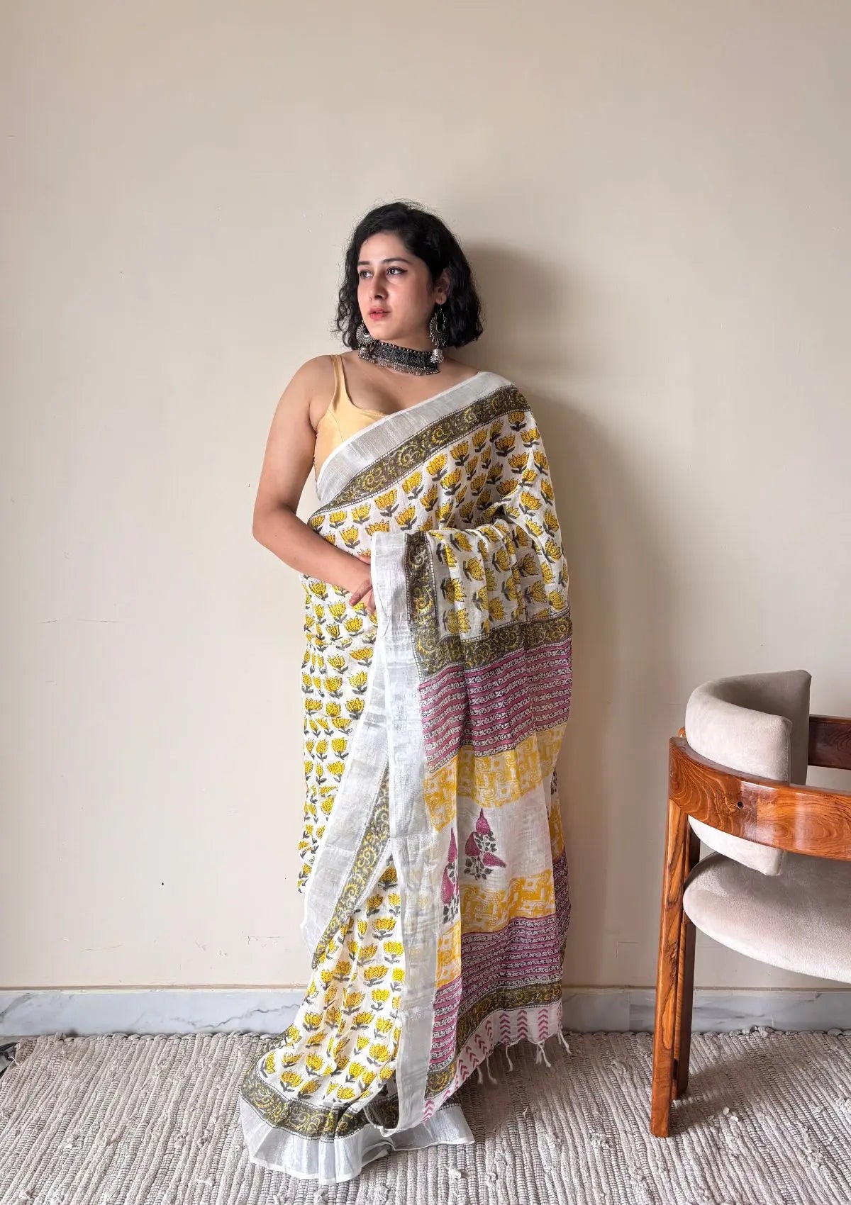 Basanti Linen Cotton Bagru Handblock Printed Saree | Yellow White